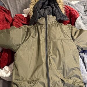 Totes Olive Green Trench Coat with Faux Fur Hood